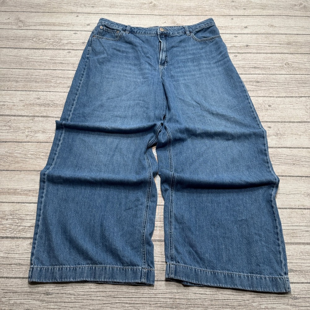 Reitmans Jeans Women's 14 Blue Denim High Rise Cropped Denim Wide Leg Baggy Fit